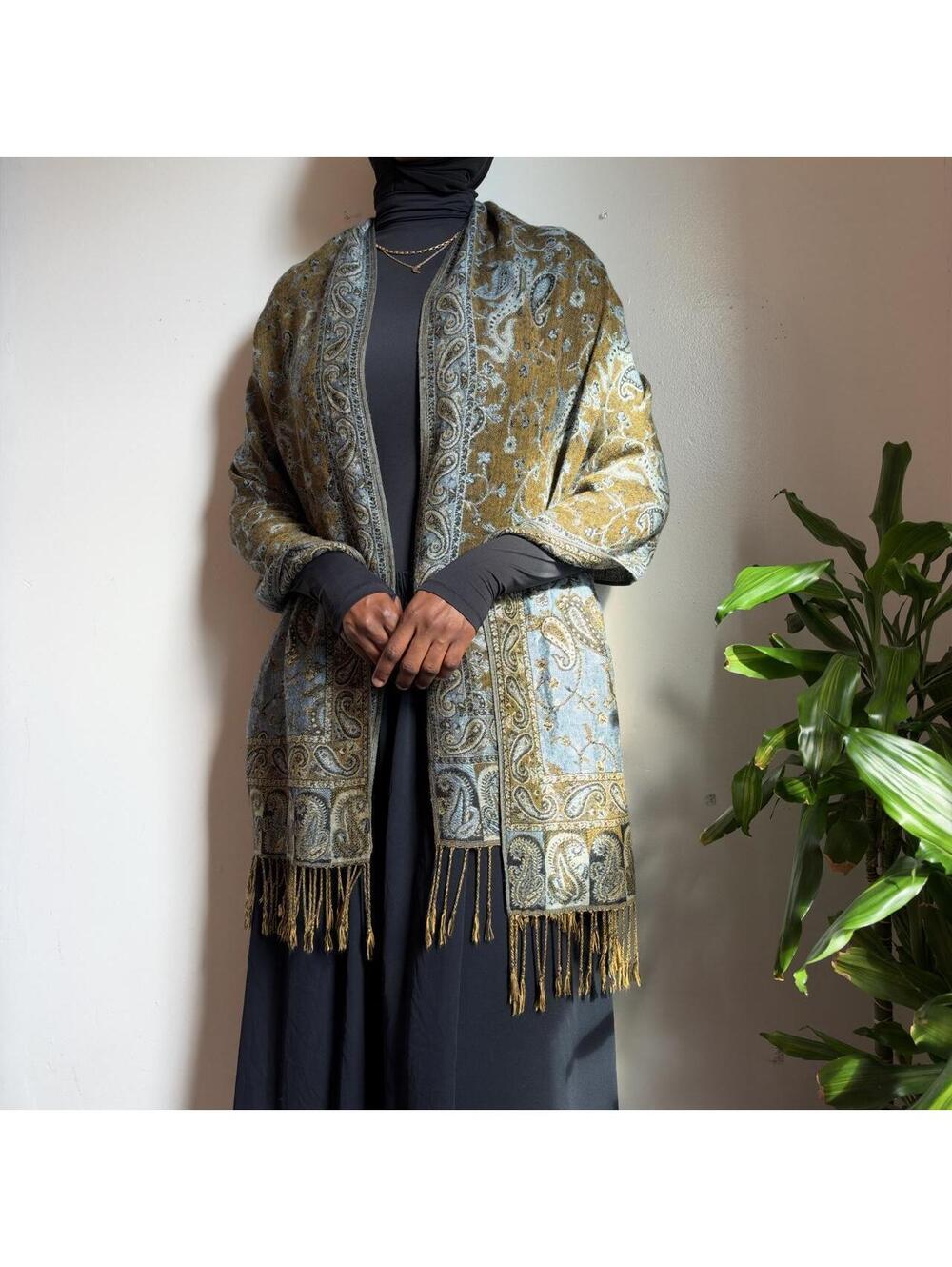 Paisley Pashmina boho Wrap Shawl reversible scarf with Fringe Blue Olive Gold